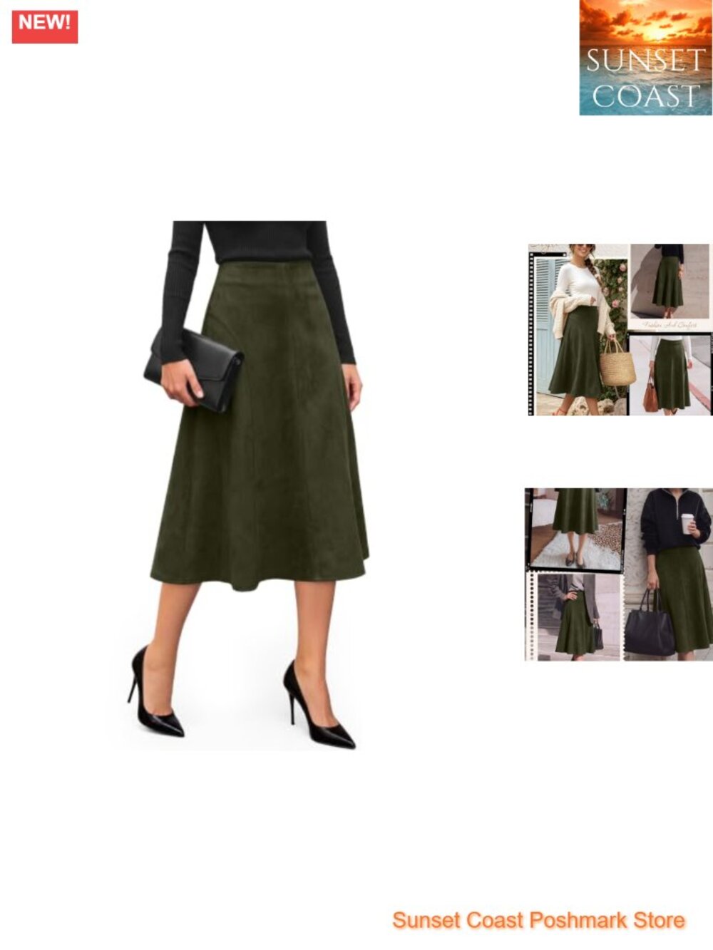 Faux Suede Midi Skirt High Waist A-Line Elastic Waist Vintage Style